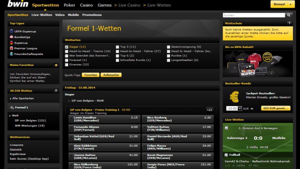 Bwin liefert ein umfangreiches Angebot an Formel 1 Wetten