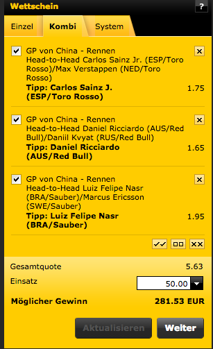 Bwin Formel 1 Wettschein GP China