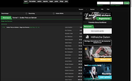 Betway Screenshot Formel 1
