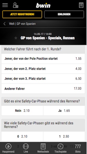 Bwin Spezialwetten für den GP von Barcelona