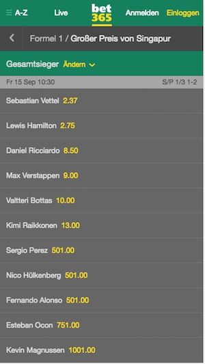 Bet365 Quoten GP von Singapur 2017