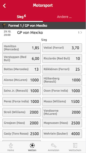 Tipico Quoten Formel 1 GP von Mexiko